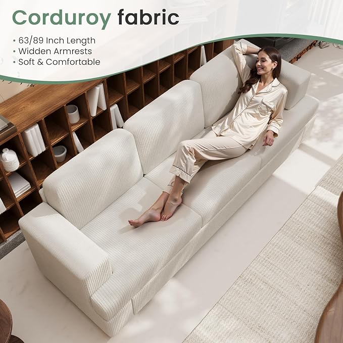 3 Pieces Corduroy Couch Set for Living Room, 3 Seater*2 & Loveseat Cloud Sofa, Deep Seat Floor Couch for Bedroom, Futon Modern Sofa Bed, White Corduroy