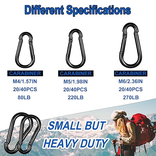 40PCS M4 Black Carabiner Clip, 1.57Inch Snap Hook Quick Link Small Carabiner Clips,Spring Link Buckle for Fishing Camping Hammock Dog Leashes-220LBS Holding Capacity.