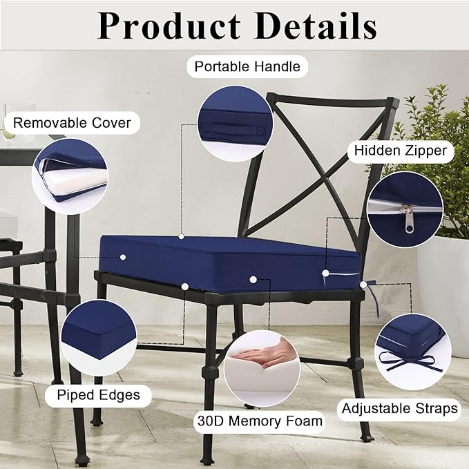 Outdoor Chair Cushions Set of 2 for Patio Furniture 19x19x4 Inch Waterproof Patio Chair Cushion 3 Year Color Fastness Square Elastic Foam Garden Sofa Couch Pads with Ties and Handle,Blue