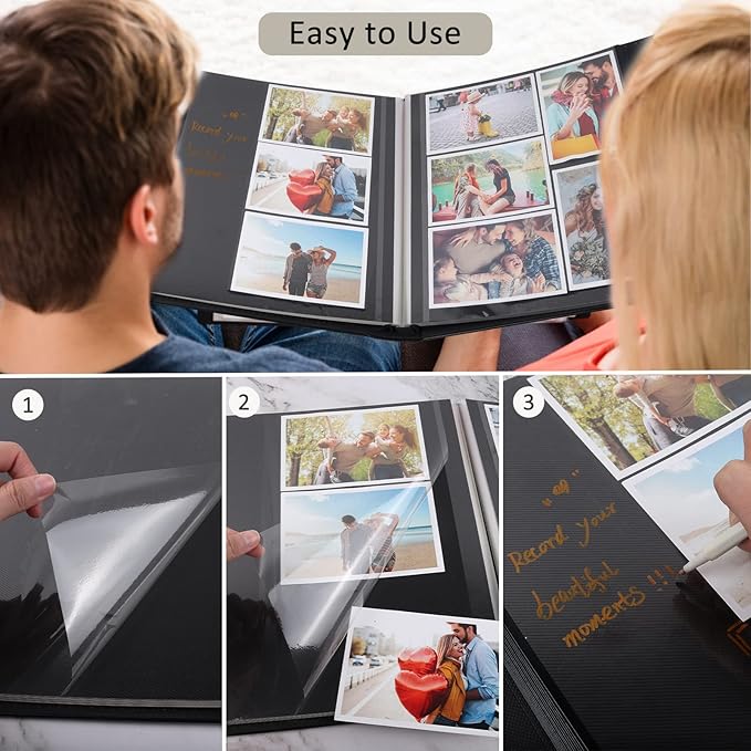 RECUTMS Self Adhesive Photo Album, 60 Pages DIY Scrapbook Photo Album with Sticky Pages Holds 3x5 4x6 5x7 6x8 8x10 Photos Black Inner Page for Wedding Anniversary Graduation Family Travel