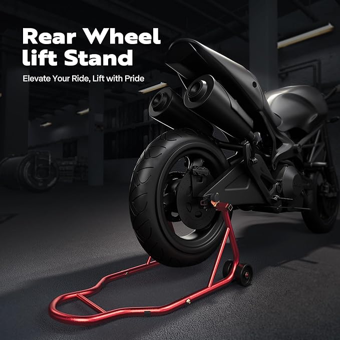 SPECSTAR Motorcycle Stand, 441 Lbs Capacity Rear Wheel Lift with U+L Adjustable Swingarm Spool, Heavy Duty Paddock Stand for BMW Suzuki Yamaha Honda Kawasaki, Red