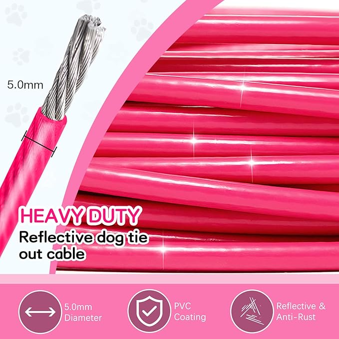 Heavy Duty Dog Tie Out Run Cable - 50 ft Long Leash with Durable Carabiner, Chew Proof for Large Dogs & Yard Use