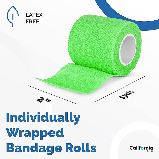 California Basics Self-Adhesive Medical Tape (2 inch) - Pack of 12 - Cohesive Bandage Wrap Rolls - Waterproof Athletic Tape - Self Adhesive Medical Adhesive Bandage Wrap - Vet Stretch Wrap