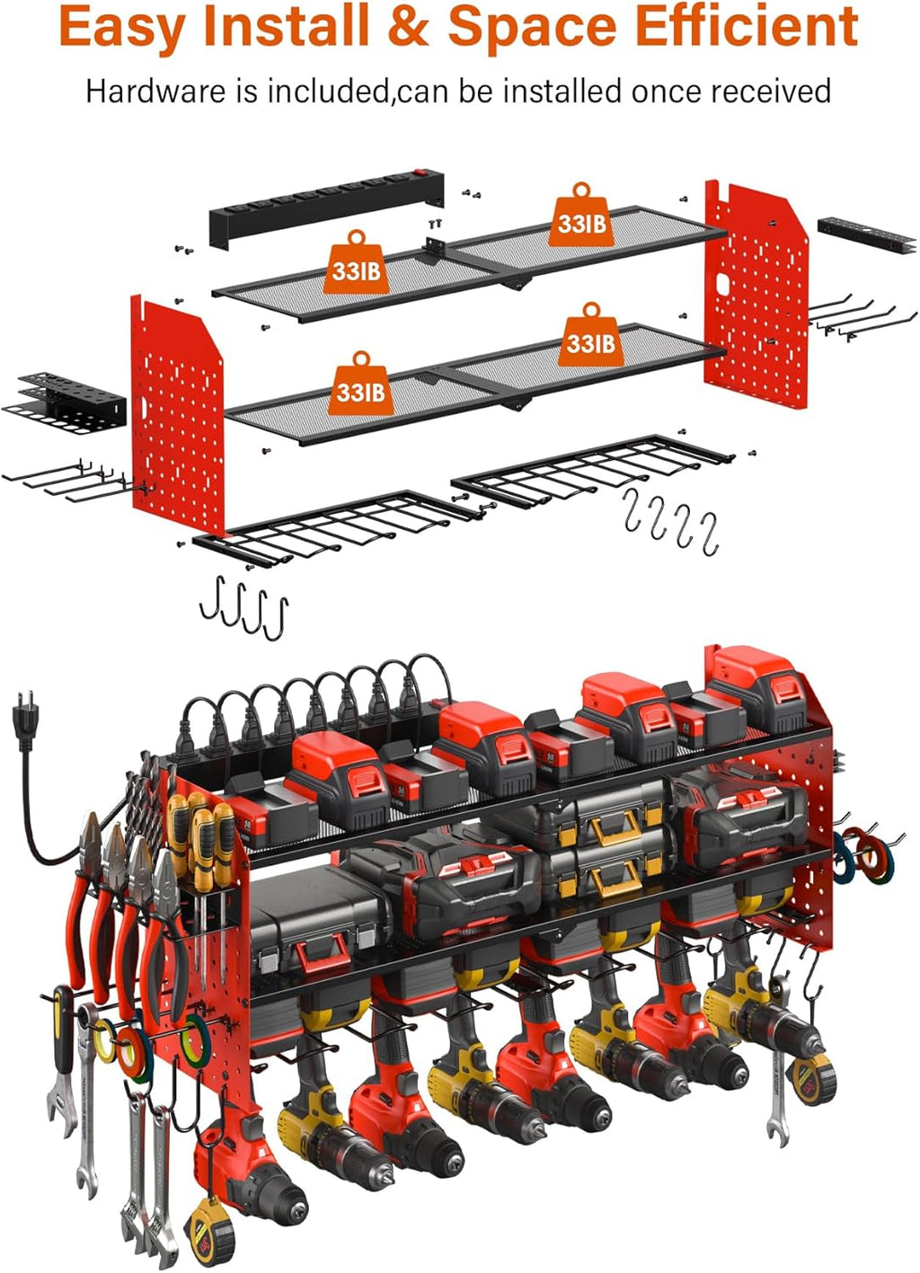 JUNNUJ Large Pegboard Power Tool Organizer with Charging Station, 8 Drills Driver and Tools Battery Holder Wall Mount with 8 Outlet Power Strip, Red 3-Layer Shop Garage Storage Utility Rack