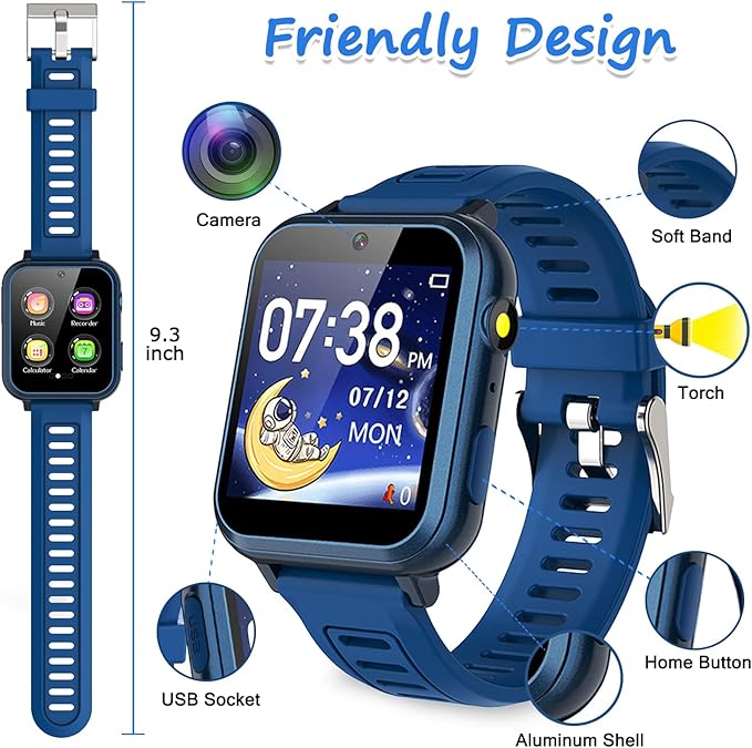 Kids Smart Game Watch with 24 Games HD Touch Screen Video Camera Music Player Pedometer Flashlight Alarm Clock 12/24 hr, Gifts for 5-12 Year Olds Boys