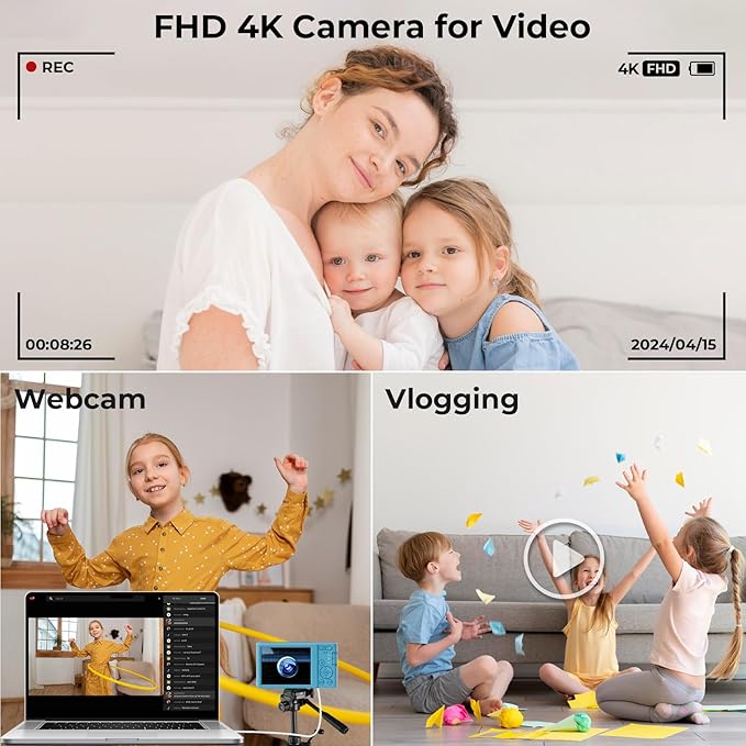 Digital Camera,4K Vlogging Camera for YouTube Autofocus 44MP FHD Camera,16X Digital Zoom Cheap Point and Shoot Digital Camera with 64GB Card for Kids Boys Girls Teens Adult Beginners,2 Batteries(Blue)