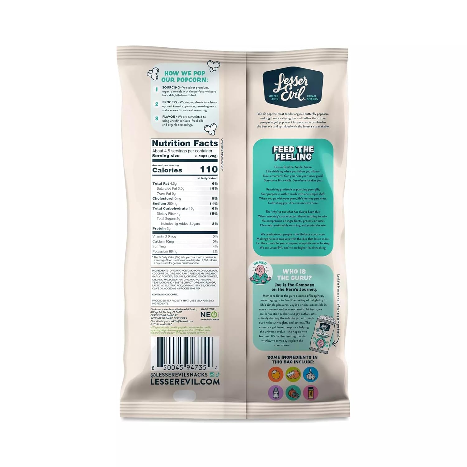 Lesser Evil, Popcorn Homer's Blend Organic, Case Of 12, 4.6 oz