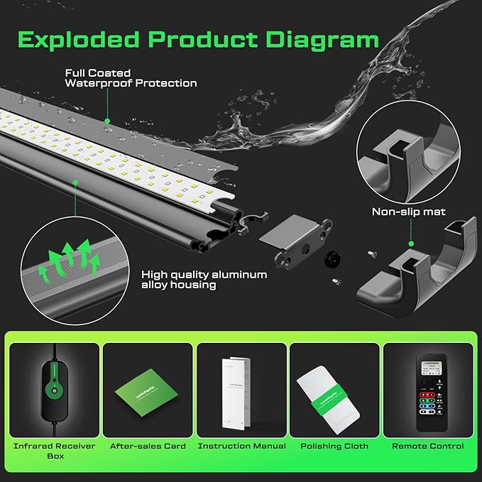 LED Aquarium Light with Remote, IP67 Waterproof Freshwater Planted Grow Light, Full Spectrum Fish Tank Light with Timer, Dimmable RGB+W, Upgrade Appearance, High Performance (12-17inch)