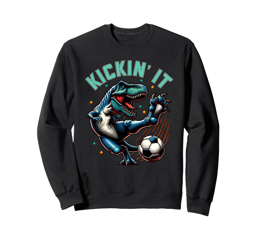 Kickin It T Rex Dinosaur Playing Soccer Sweatshirt - Graphic Print Unisex