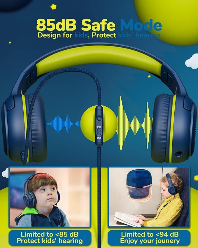 Kids Headphones Wired Toddler Headphones with Microphone - Over-Ear Headphones, 85/94dB Volume-Limiting, 3.5mm Jack Foldable On-Ear Design, Safe Comfortable for Boys Girls Learning Entertainment Black