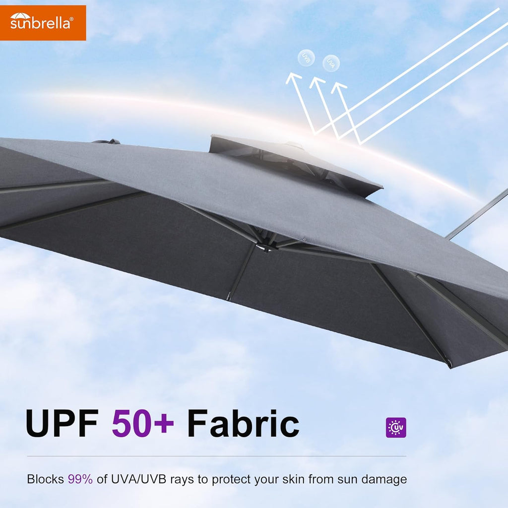 PURPLE LEAF 10 Feet Cantilever Umbrella Outdoor Double Top Large Hanging 360-degree Rotation Square Offset Umbrella for Patio Deck Pool Garden Backyard Cast Slate