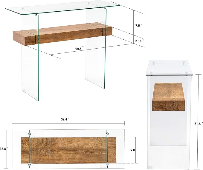 ivinta Glass Console Table with Storage, 39.4" Modern Narrow Entryway Table for Living Room, Entrance, Hallway or Bedroom 5101 (Natural Wood)