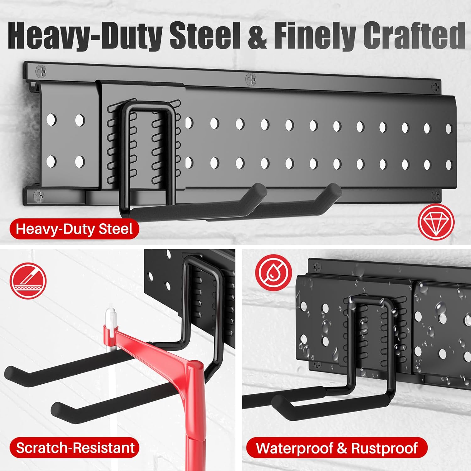 Garage Tool Organizer Wall Mount 64 inches with 13 Adjustable Heavy-Duty Hooks, Garage Organization, Garden Tool Storage Rack, Yard, and Shed, Holds Up to 520 lbs