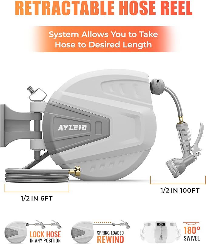 Ayleid Retractable Garden Hose Reel,1/2 in x 100 ft Wall Mounted Hose Reel, with 9- Function Sprayer Nozzle, Any Length Lock/Slow Return System/Wall Mounted/180°Swivel Bracket (Grey)