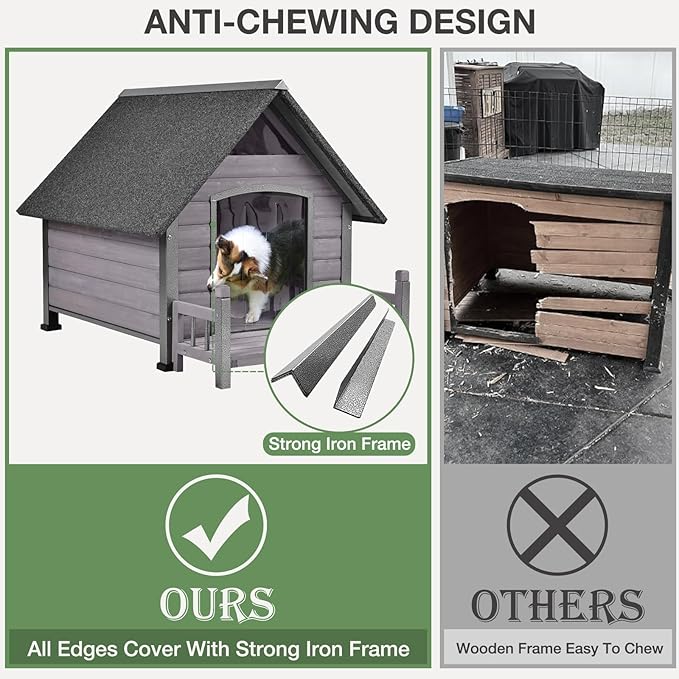 Large Dog House Outdoor Indoor All-Around Iron Frame Design Dog House with Porch＆Raised Feet for Small Medium Large Dogs（Grey）