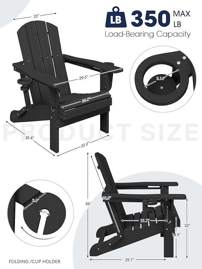 KINGYES Folding Adirondack Chair with Dual Cup Holders - HDPE All-Weather Outdoor Chairs, Black