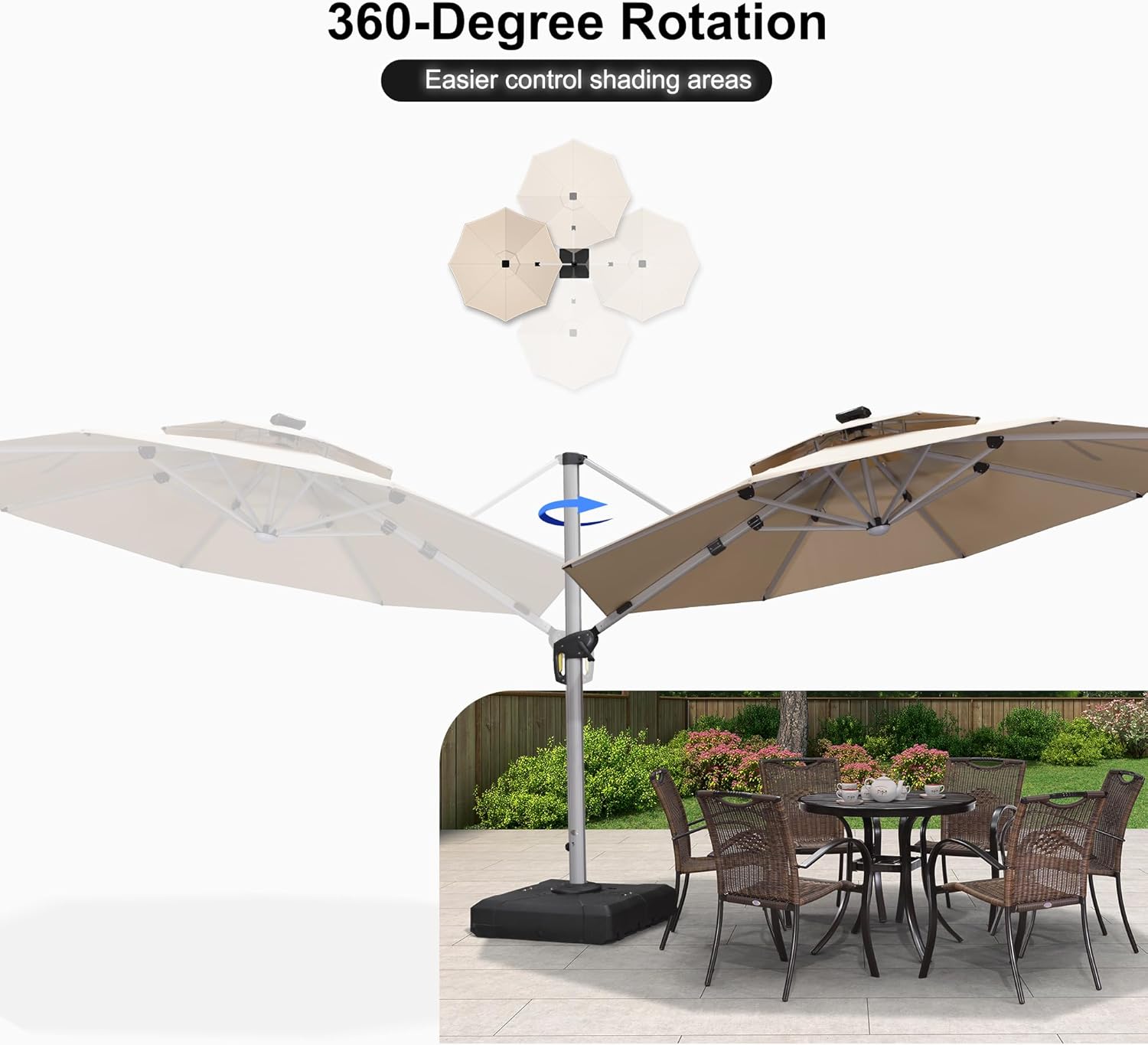 PURPLE LEAF 11ft Solar powered LED Patio Umbrella Outdoor Round Umbrellas Large Cantilever Umbrella with LED lights Windproof Offset Umbrellas Heavy Duty for Garden Deck Pool Patio, Beige