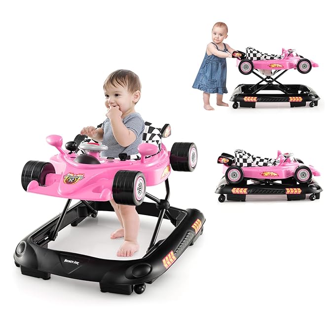 HONEY JOY Baby Walker, 4-in-1 Foldable Infant Activity Push Walker, Toddler Car Walker w/Adjustable Heights, Music, Lights, Removable Tray, Baby Walker with Wheels for Boys Girls 7-14 Months (Pink)