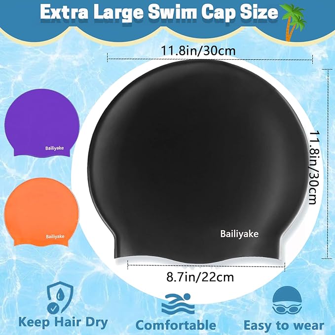 3 Pack Extra Large Swim Cap for Braids & Dreadlocks - Waterproof Silicone Swim Hat for Women with Long Thick Hair, Protective Swim Cap Cover Ears for Swimming, Shower, Bathing