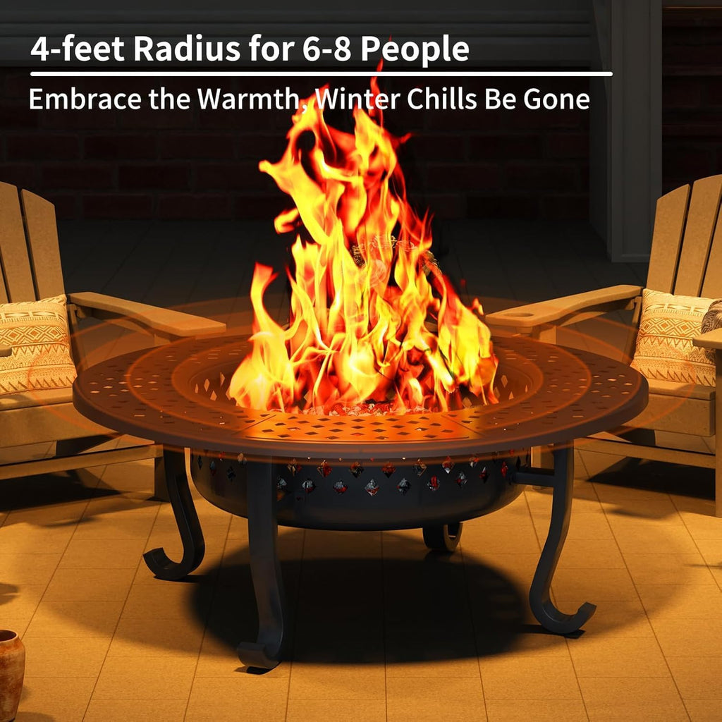 43 Inch Fire Pit with 2 Grill for Outside, Outdoor Wood Burning Firepit with Lid, Metal Round Table for Backyard Patio Garden Picnic Camping Bonfire, Black