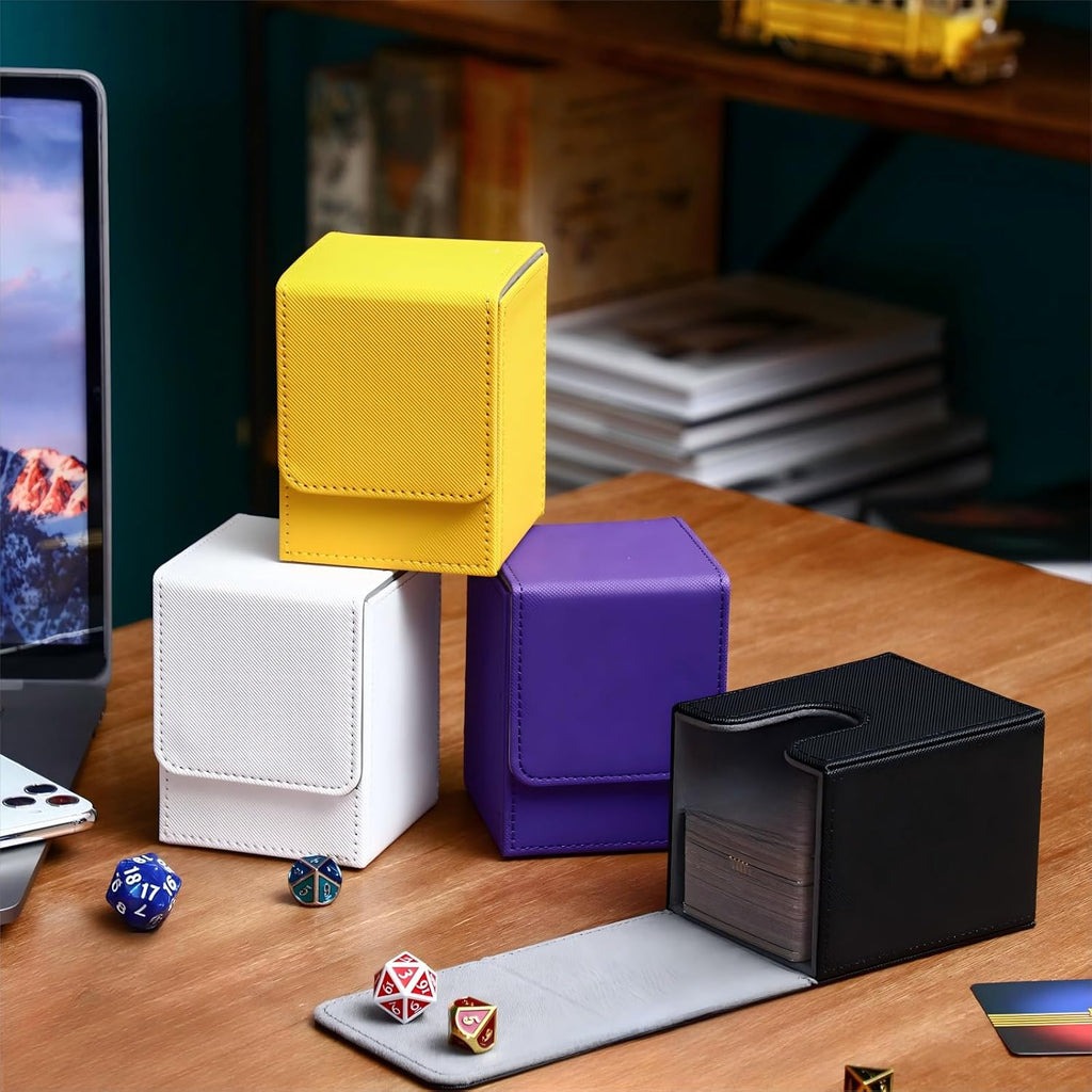 Yookeer 4 Pieces Leather Deck Card Boxes Cards Deck Game Box for Collectible Playing Card Box Compatible with MTG Commander(White, Black, Purple, Yellow,Vertical)