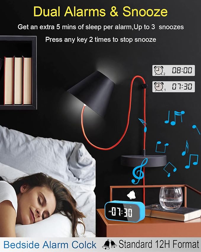 AFK Digital Alarm Clock with Bluetooth Speaker,Desk Clock for Bedrooms,Small Table Clock with Dual Alarms,Snooze,Dimmable LED Display.