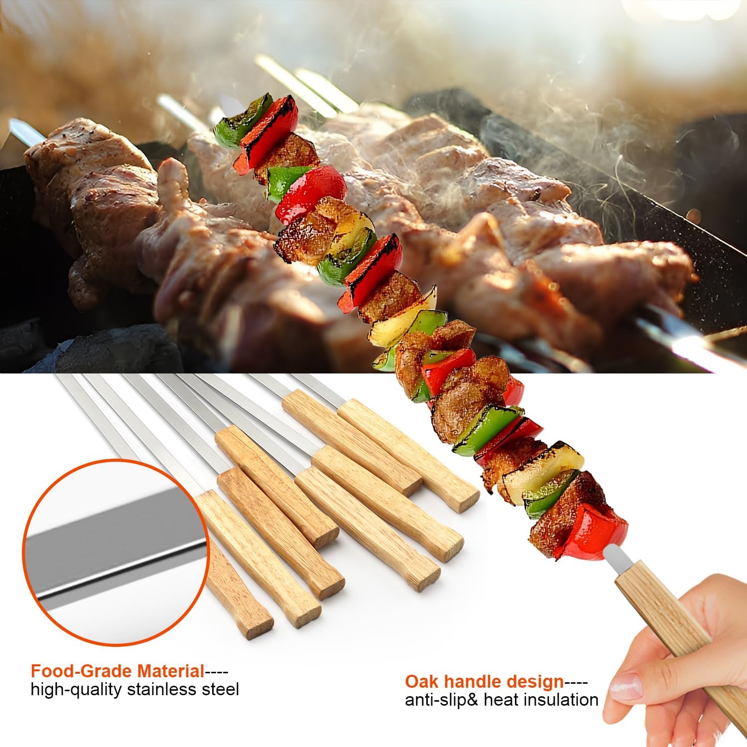 SHIKORI Kabob Skewers,BBQ Barbecue Skewers,Stainless Steel Sticks,23 Inch Heavy Duty Large Wide Reusable,with Nonslip Wooden-12 Pcs