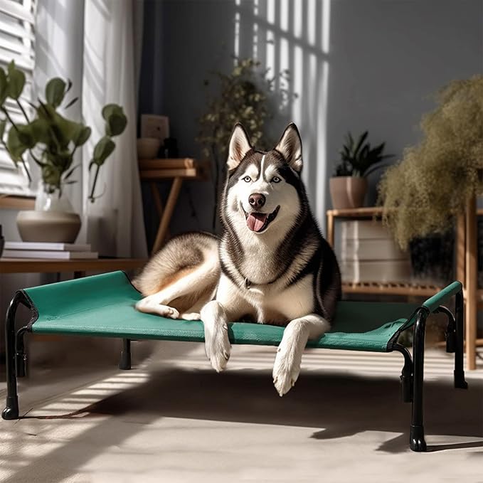 Veehoo Elevated Dog Bed, Outdoor Raised Dog Cots Bed for Large Dogs, Cooling Camping Elevated Pet Bed with Slope Headrest for Indoor and Outdoor, Washable Breathable, X-Large, Green, CWC2204