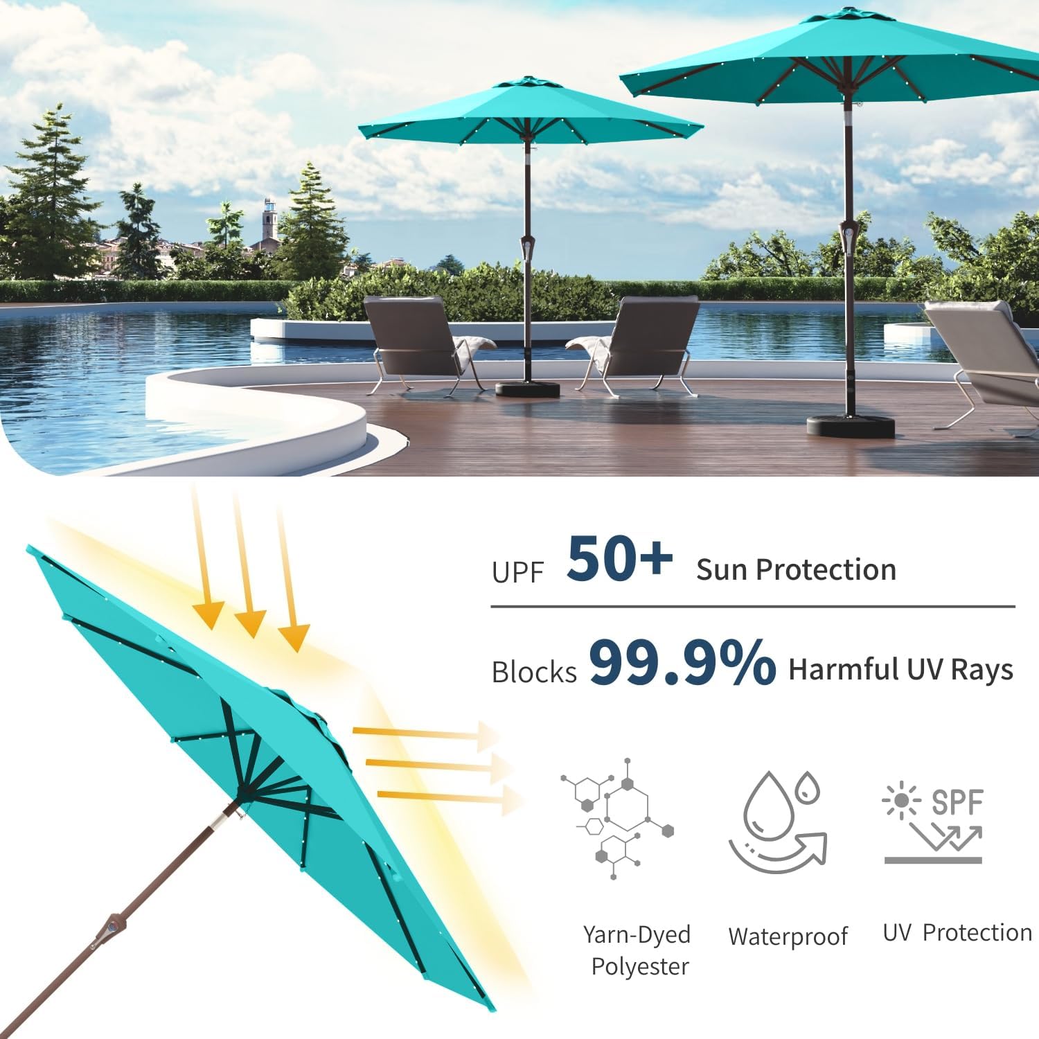 10FT Solar Umbrella 32 LED Lighted Patio Umbrella Table Market Umbrella w/Tilt and Crank, UV-Resistant Outdoor Umbrella for Pool, Garden, Deck, Aqua Blue