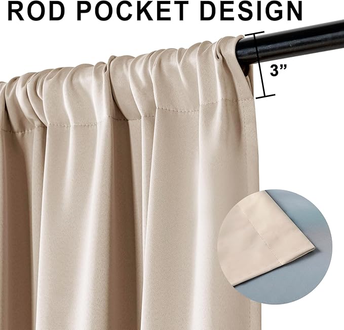 XWZO 100% Blackout Curtain Panels Rod Pocket Thermal Insulated Black Liner, Noise Reducing and Heat Blocking Drape for Hall and Studio Windows with Tiebacks, Biscotti Beige, W52 x L63, Set of 2 Panels