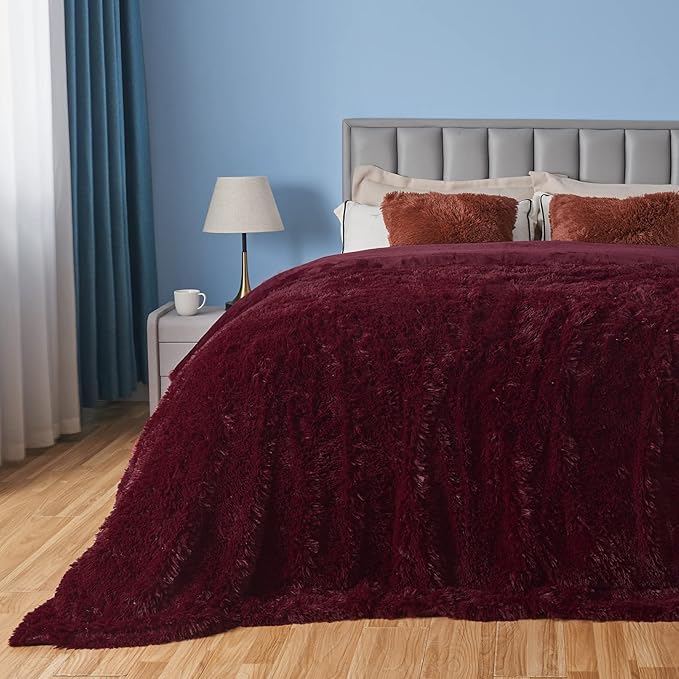 GONAAP Fuzzy Faux Fur Throw Blanket Queen Size Wine Red Super Soft Cozy Plush Fuzzy Shaggy Blanket for Couch Sofa Bed (Wine Red, Queen(90"x90"))