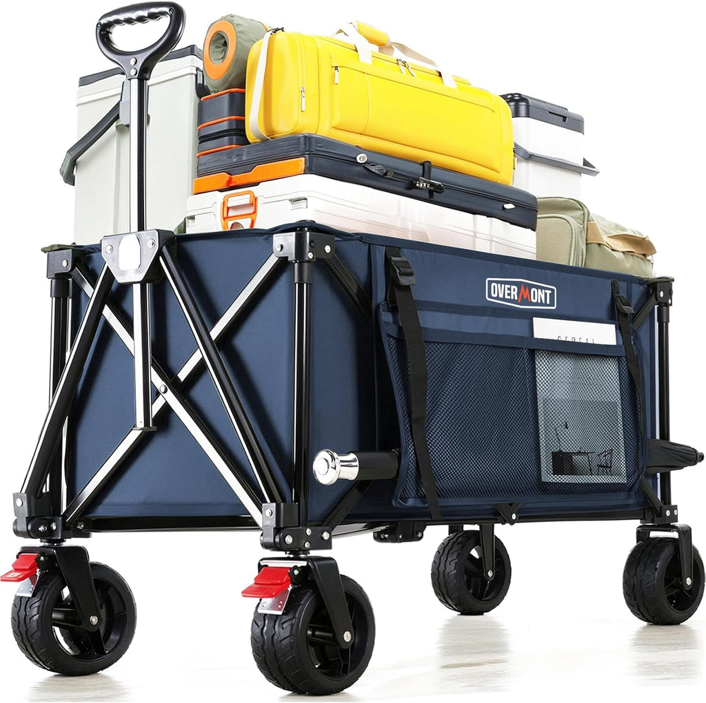 Overmont Collapsible Wagon Cart with Wheels - 180L Foldable Heavy Duty Wagon with Big All-Terrain Wheels - 330Lbs Weight Capacity with Side Pockets for Camping Sports Garden Grocery Shopping Blue