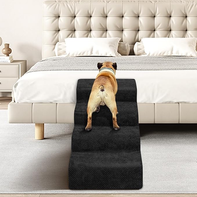Dog Stairs for Small Dogs - High Density Foam Pet Steps, Extra Wide Dog Ramp with Non-Slip Bottom for High Beds, Couch and Sofa, Best for Dogs Injured, Older Doggy Cats, 4 Steps, Black