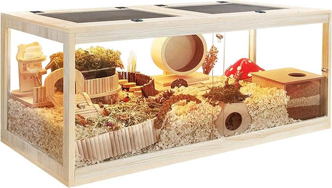 Prolee Hamster Cage with Lock Design,Large Hamster Enclosure with Openable Metal Mesh Top,Wooden Chewproof Gerbil Cage for Hedgehog Mouse Gerbil (48"x20"x20")