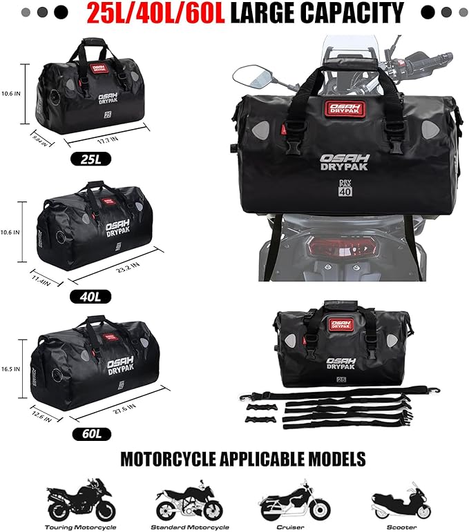 Waterproof Duffel& Luggage Bag - Motorcycle Dry Bag Tail Saddle Bags with Roll Top Closure,Large Storage Space,for Camping, Kayaking, Fishing & Traveling(SkyBlack, 60L)