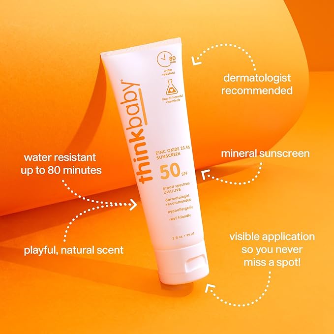 Thinkbaby SPF 50+ Baby Mineral Sunscreen – Safe, Natural Sunblock for Babies - Water Resistant Sun Cream – Broad Spectrum UVA/UVB Sun Protection – Vegan Baby Sunscreen Lotion, 3 Oz.