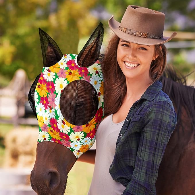 Chunful 6 Pcs Horse Fly Masks with Ears Smooth and Comfortable Cashel Mesh Fly Mask Elasticity Breathability UV Protection Horse Face Covering for Riding Supplies(Floral,Medium)