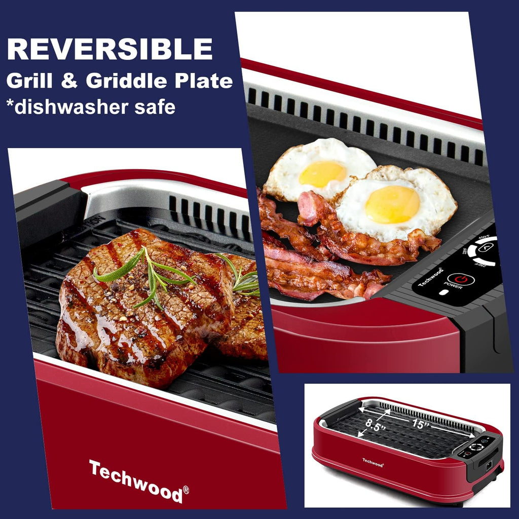 Techwood Smokeless Grill 1500W indoor Grill with Tempered Glass Lid, Compact & Portable Non-stick BBQ Grill, Turbo Smoke Extractor Technology, Drip Tray& Removable Plate