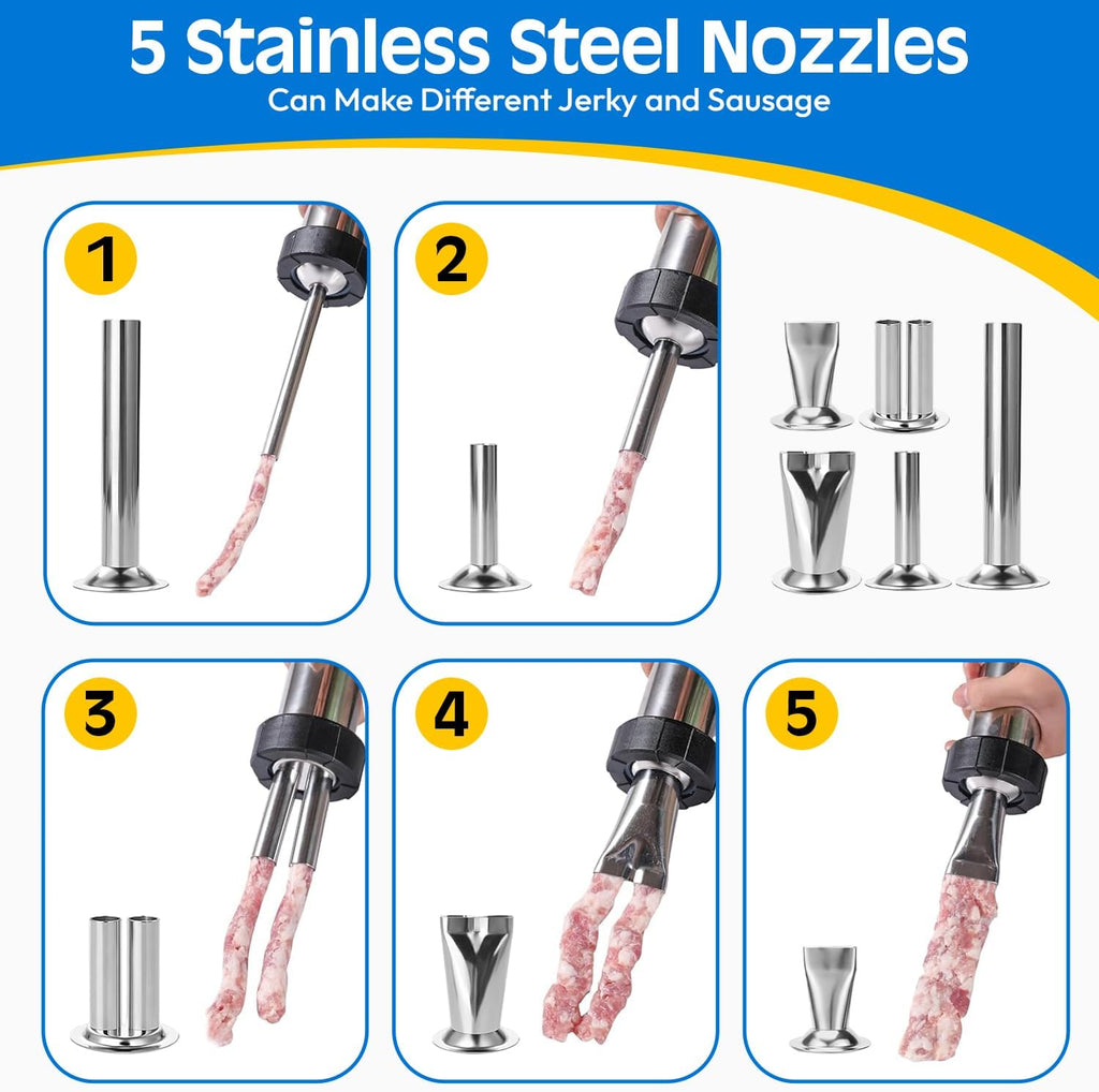 Professional Jerky Gun Kit – Stainless Steel Beef Meat Maker Machine with 5 Nozzles, 1 Meat Pusher, 5 Cleaning Brushes (2 Sets), Sausage Shooter Accessories & Bonus Pair of Gloves