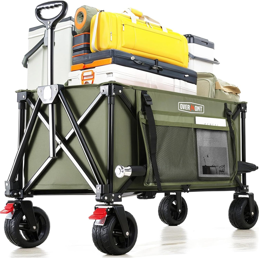 Overmont Collapsible Wagon Cart with Wheels - 180L Foldable Heavy Duty Wagon with Big All-Terrain Wheels - 330Lbs Weight Capacity with Side Pockets for Camping Sports Garden Grocery Shopping Green