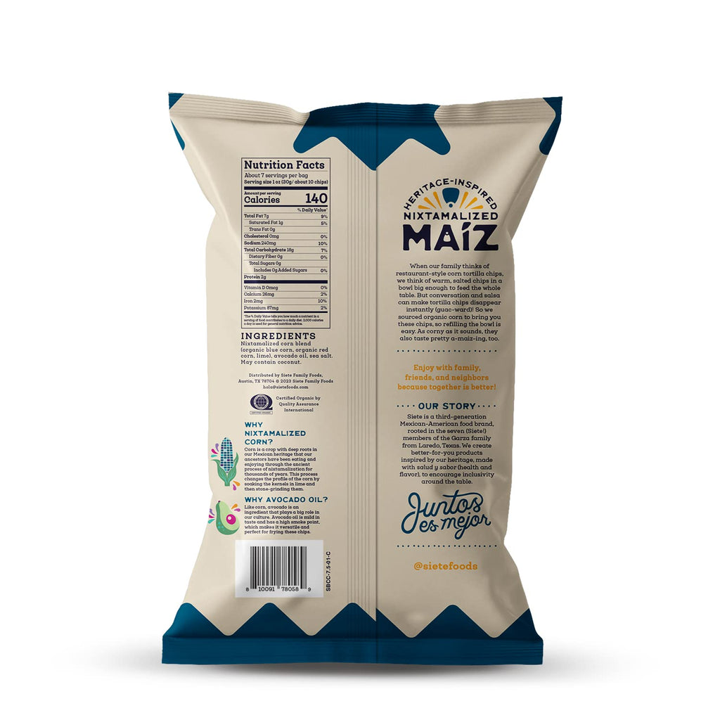 Siete Tortilla Chips, Organic Corn & Blue Corn, Case of 6 x 7.5 oz, Gluten-Free