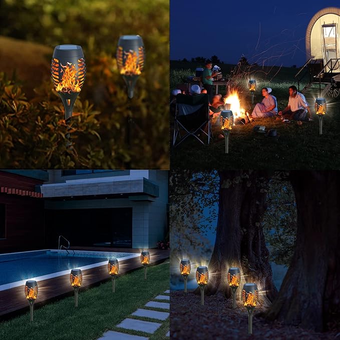 12Pack Solar Torch Lights with Flickering Flame Upgraded, Security&Waterproof Solar Lights Outdoor Landscape Decoration, Mini Solar Tiki Torches for Yard,Garden,Patio, Pathway Decor-Auto On/Off
