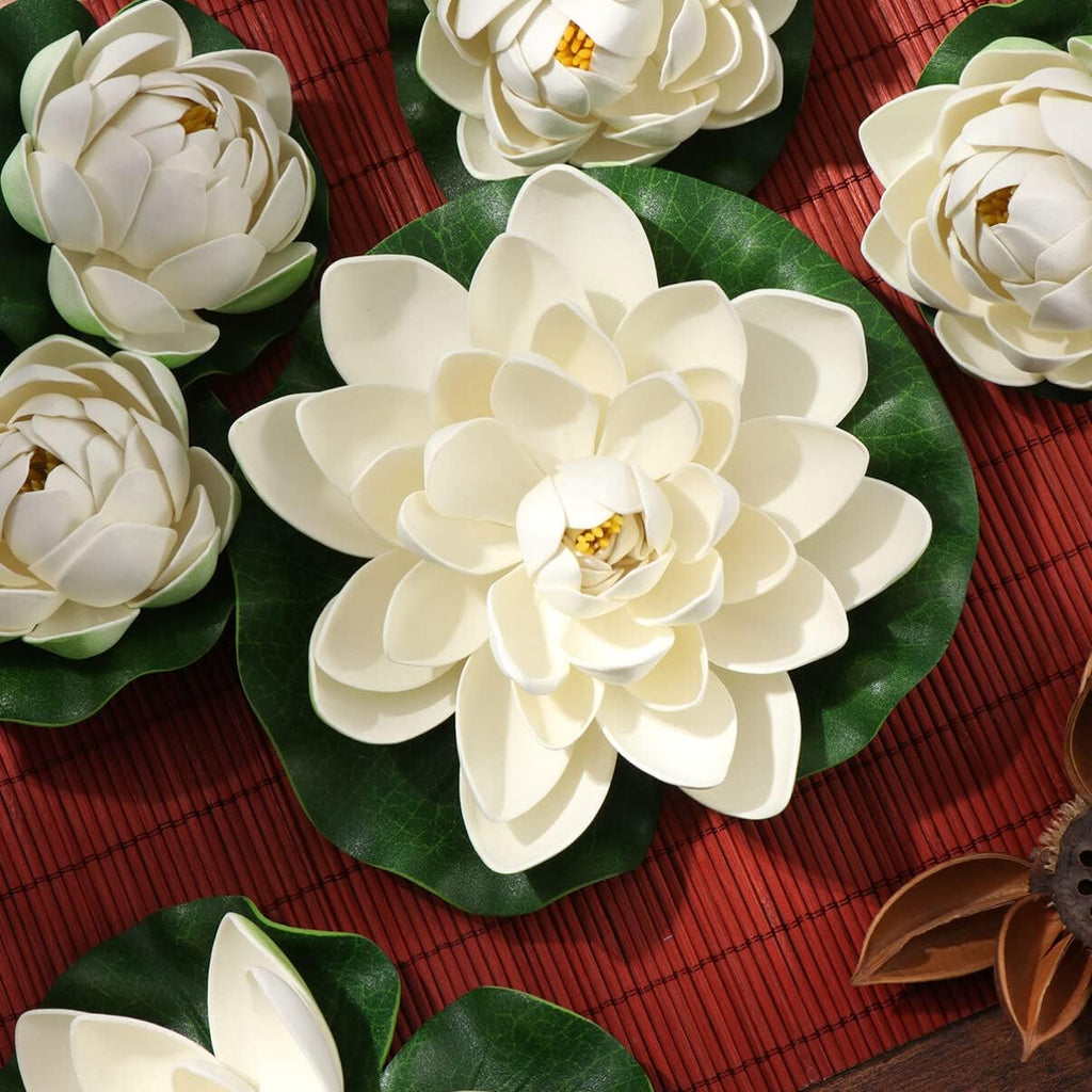 Ciieeo 6PCS Artificial Floating Lotus Flowers Realistic White Lotus & Water Lily Pads for Pool Patio Garden Aquarium Decor