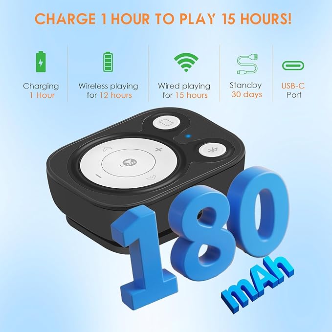 Clip MP3 Player: Bluetooth 5.3, Earphones Included, 15 Hours Battery Mini Music Player, 1000+ Songs Storage, No Phone Needed, Portable Music Players for Sports, Reading, Learning (64GB-Black)