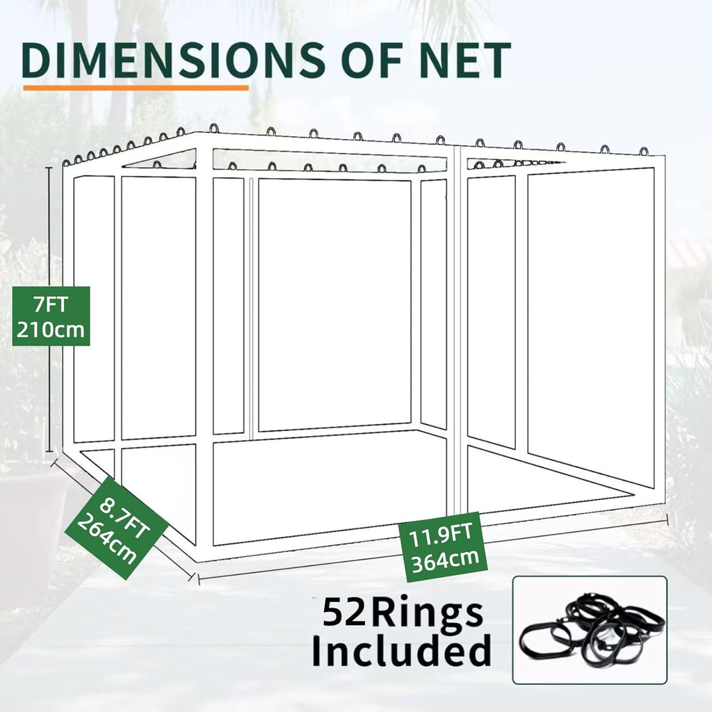 10x13FT Mosquito Netting for Gazebo,Pergola,Pop up Canopy Tent,4-Panel with Zipper for Outdoor Patio,Backyard (Black,Mosquito Net Only)