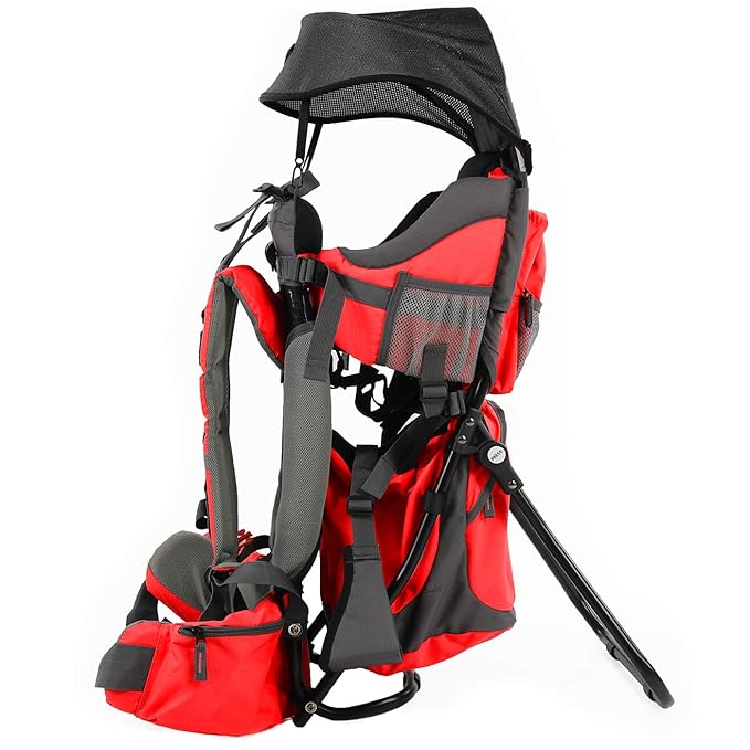 ClevrPlus Canyonero Camping Baby Backpack Hiking Kid Toddler Child Carrier with Stand and Sun Shade Visor, Red