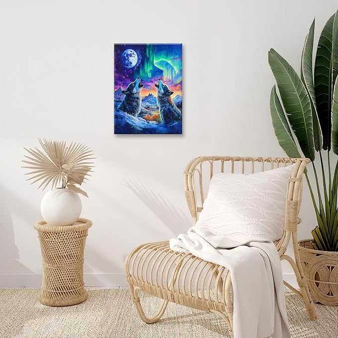 Wolf Wall Art Wolves Canvas Wall Decor Prints Framed Painting Aurora Pictures Gifts Artwork for Bathroom Bedroom Living Dining 12"x16"