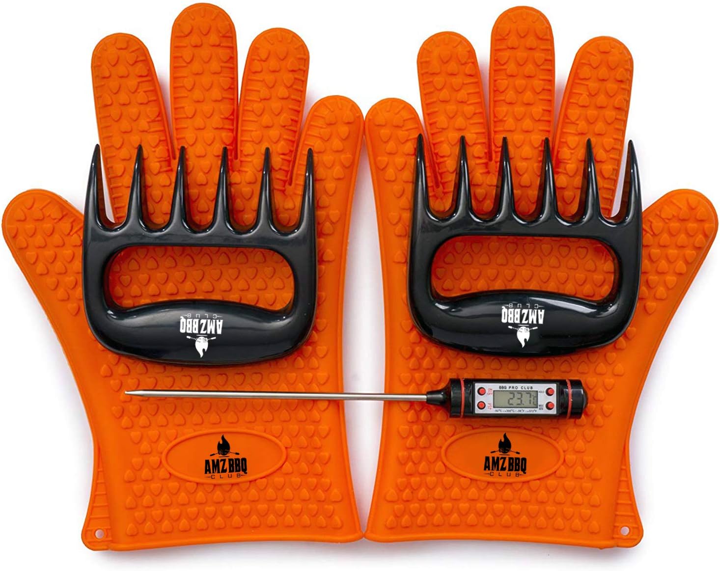 Meat Claws Bbq Grill Accessories Set - 2 Silicone Gloves, Claws For Pulled Pork, BBQ Thermometer - Perfect Smoker Accessories Grilling Tools Gift Set For (Orange Glove-Thermometer-Claw)