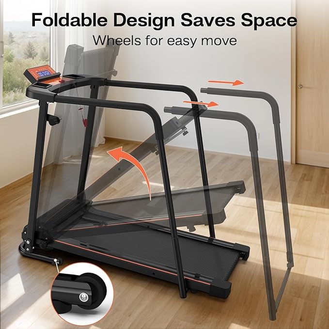 Foldable Walking Treadmill for Seniors with Long Handrails, APP Control & 3D Virtual Scenes – 3.0HP Quiet Motor, 300 lb Capacity, Shock Absorption – Ideal for Home, Office & Small Spaces