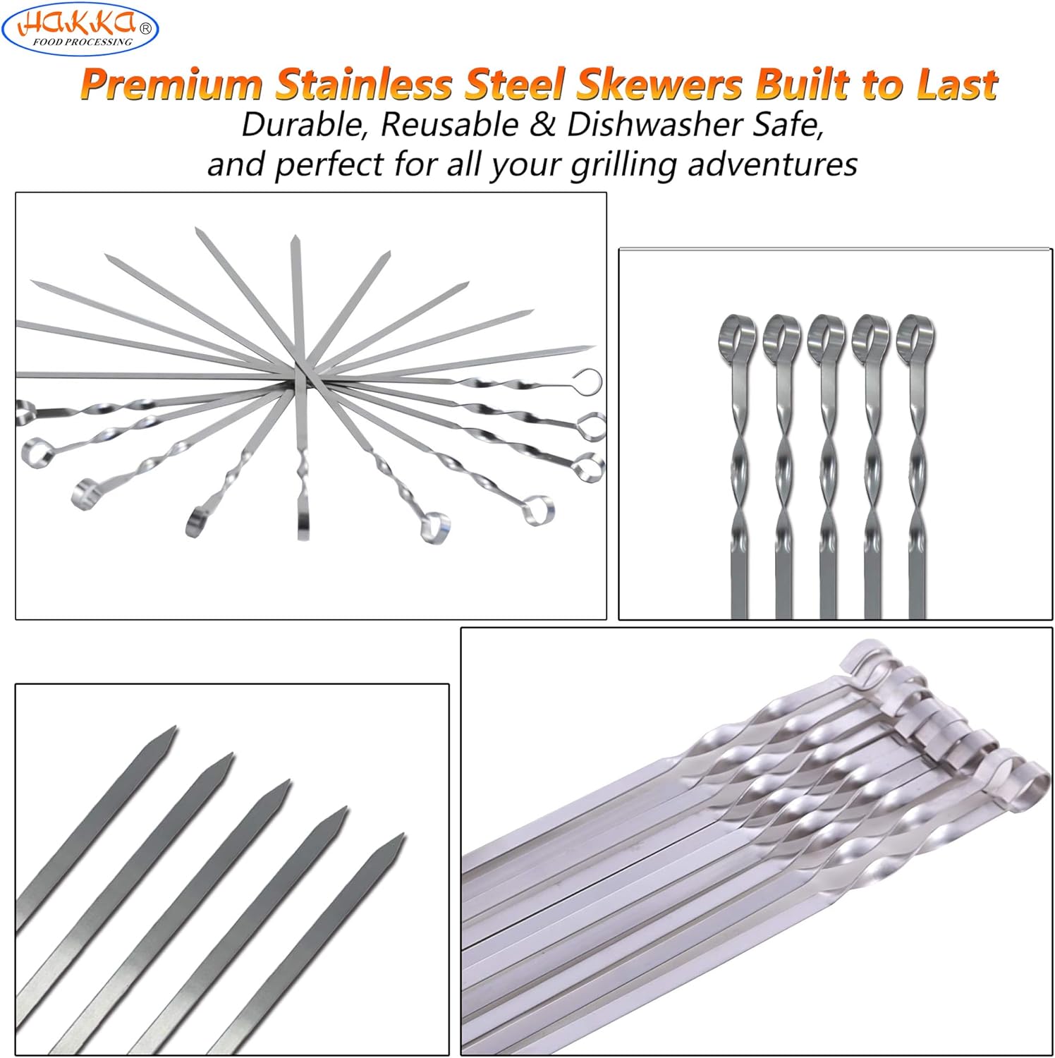 Hakka Stainless Steel Barbecue Skewers, 23" Heavy Duty Metal Skewers Large Wide Grilling Reusable Kabob Sticks with NonSlip Ring Handle,Set of 10